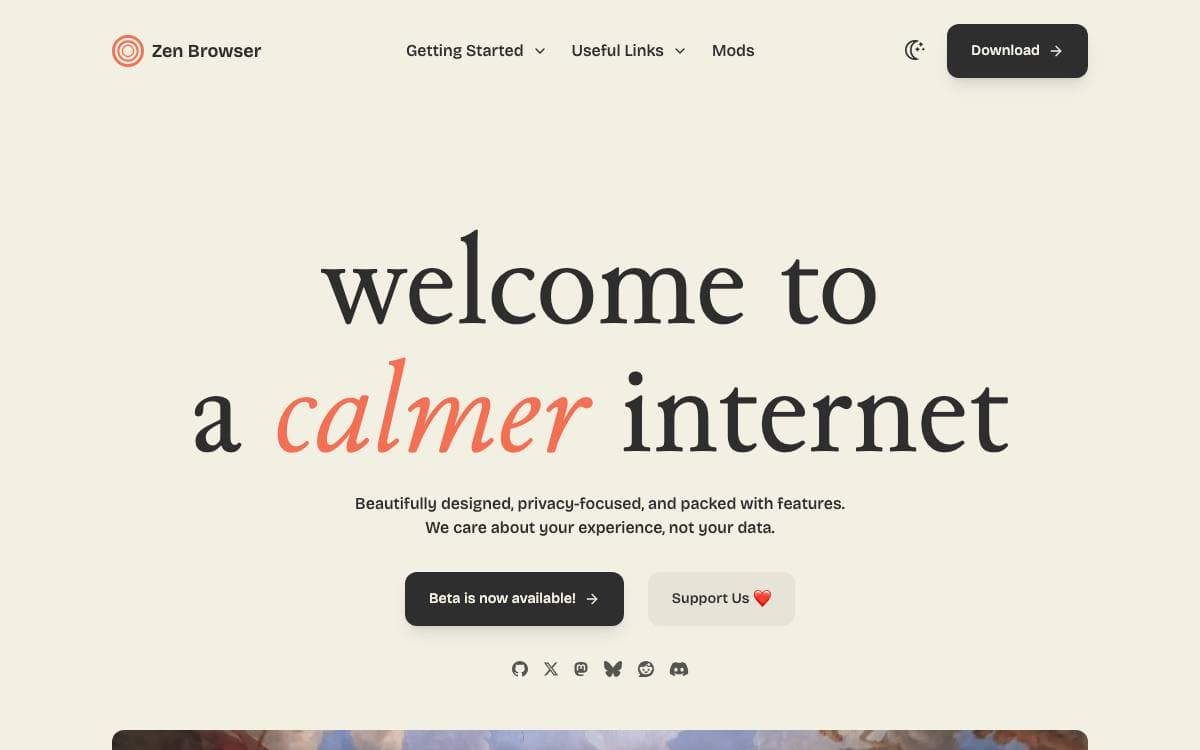 Screenshot of Zen Browser website