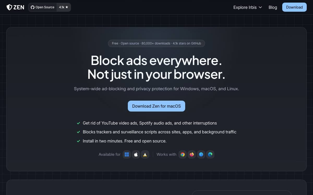 Screenshot of Zen website